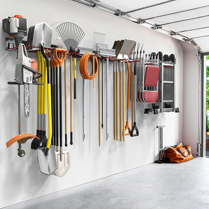 TORACK Garden Tool Organizer Wall Mounted, Garage Folding Chair Storage Rack, Tools Rack for Shovels, Rakes, Broom, Ladders, Hooks for Keyhole Style Shelving Unit(13 pcs)
