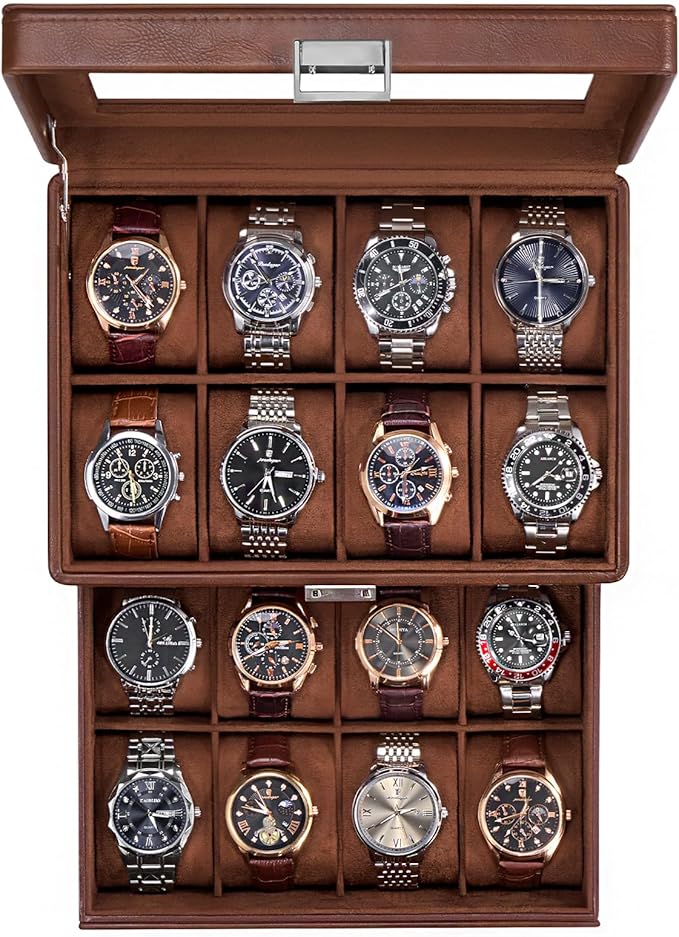 ProCase Watch Box for Men, Jewelry Organizer Box with Drawer, Display Storage Case with Glass Lid -Brown, 16 Slot