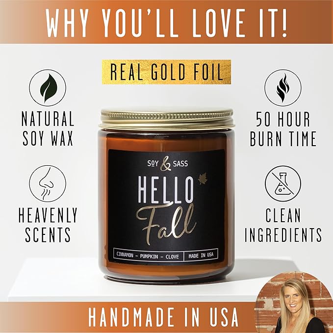 Fall Candles - 'Hello Fall Scented Candle' w/Cinnamon, Pumpkin & Fir I Infused with Essential Oils Autumn Scented Soy Candles for Home Décor, 9oz Reusable Jar, 50Hr Burn, Made in USA