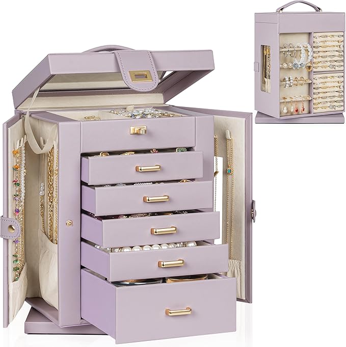 AKOZLIN 360° Rotating Jewelry Box 6-Tier Organizer Functional Jewelry Storage Case for Women Girls Ring Necklace Earring Bracelet Holder with Mirror Purple