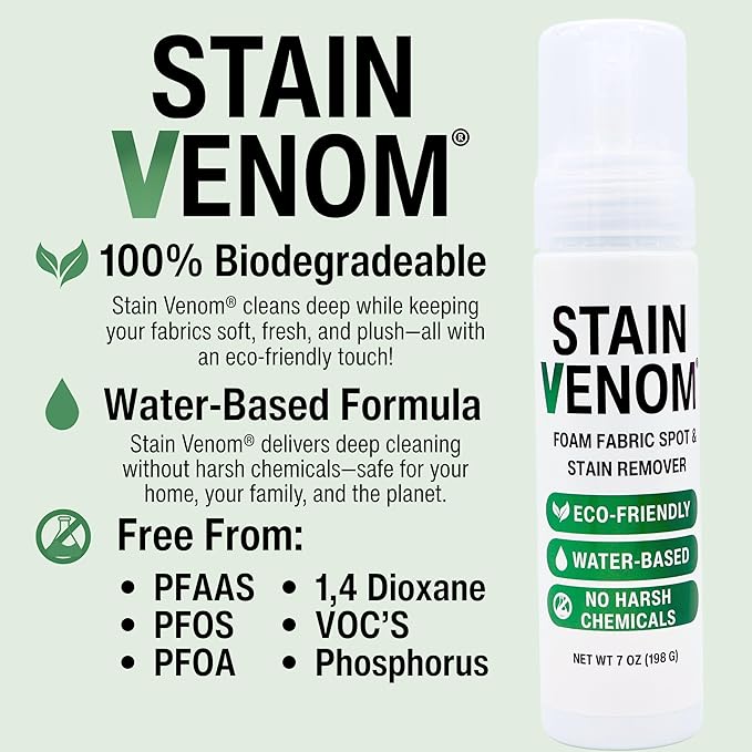 Stain Venom Foam Multi-Use Laundry and Fabric Stain Remover - 7 oz Bottle - Free From PFAAS, PFOS, PFOA, VOC’s, And 1,4 Dioxane- Works On Fresh Pet Stains, Red Wine, Blood, Lipstick, Motor Oil, Coffee