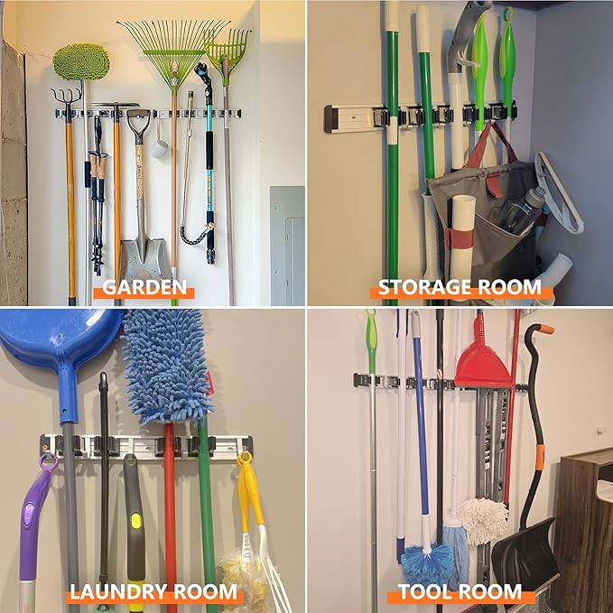 reliahom Broom Holder Wall Mount Mop and Broom Hanger Wall Mounted Garage Storage Rack Kitchen Garden Tool Organizer (5 Racks with 4 Hooks, Black)