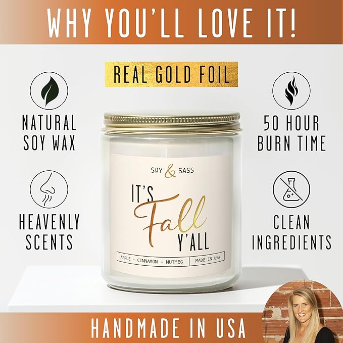Fall Candles - 'It's Fall Yall' Candle w/Apple Cinnamon & Nutmeg I Infused with Essential Oils I Autumn Scented Candles I Cozy Cute Décor Gifts I 9oz Jar I 50Hr Burn I Made in USA