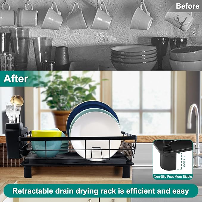 Goderewild Dish Drying Rack for Kitchen Counter,Space-Saving Dish Rack with Drainboard,Rustproof Countertop Dish Drainer with Utensil Holder for Sink,Black