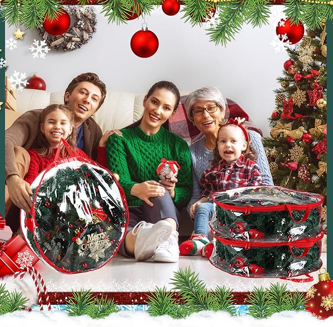Shappy 6 Pieces Christmas Wreath Storage Container 30 Inch Wreath Plastic Storage Bags with Dual Zippers and Handles for Xmas Thanksgiving Holiday Artificial (Clear,Red)