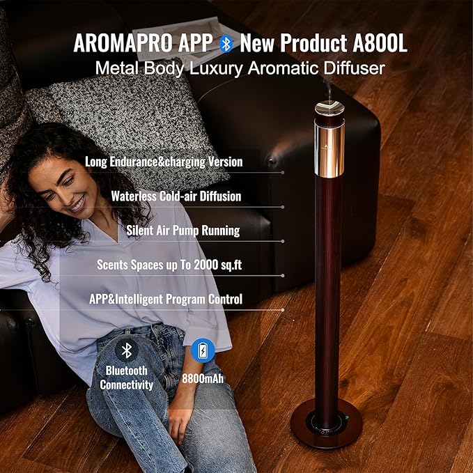 40-inch Large Waterless Essential Oil Diffuser, Luxury Hotel Diffuser, Cordless Rechargeable App Diffuser, Includes 120ml Essential Oils,2000Sq.Ft Coverage, for Home, Office, Spa, Hotel, Burgundy