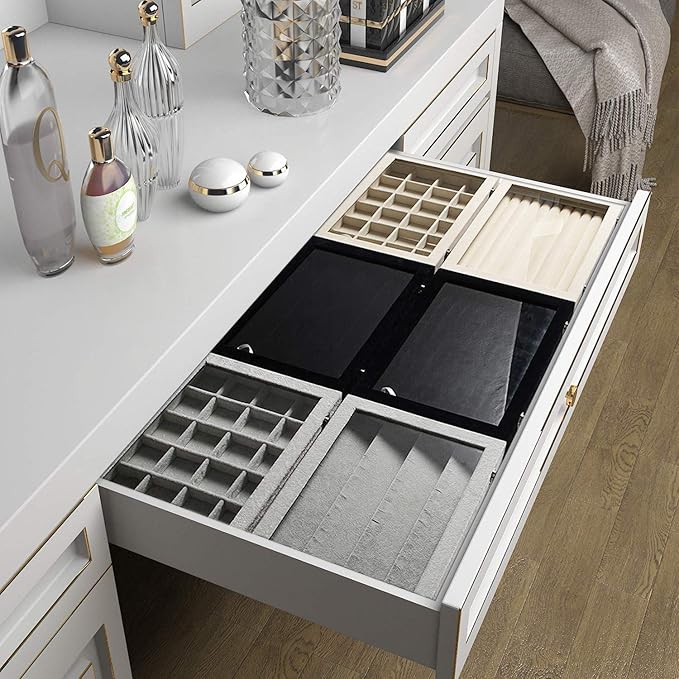 Frebeauty Rings/Earrings Organizer Tray with Clear Lid 10 Slots Velvet Drawer Insert Jewelry Storage box with Transparent Glass lid Jewelry Display Case Showcase Gift for Girls Women (Black, 10 Slots)