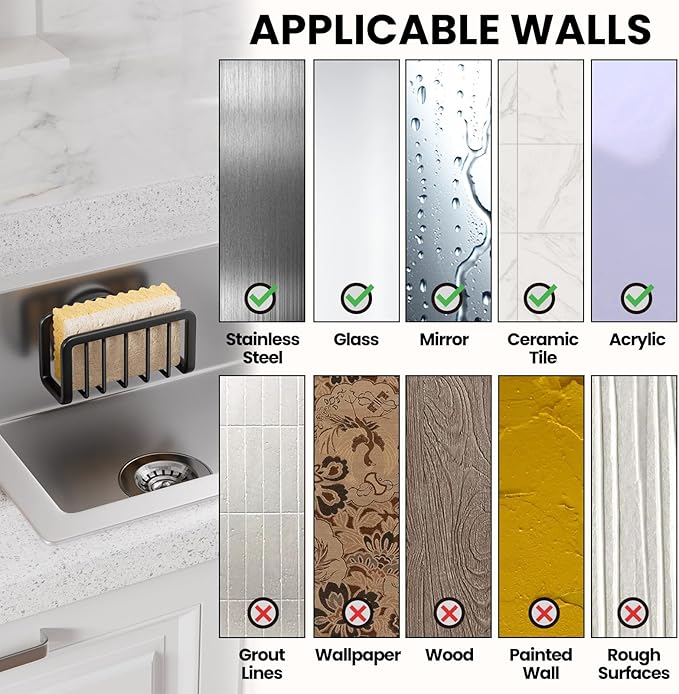 TAILI Sponge Holder for Kitchen Sink with Strong Suction Cup, Rustproof Aluminum Sink Caddy, Removable Sponge Holder, Dish Brush for Scraper - Black