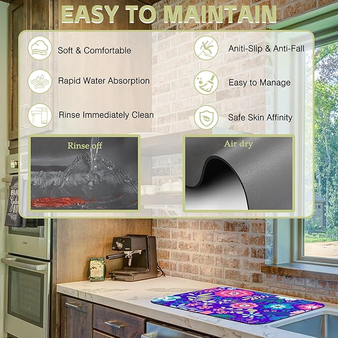 Kitchen Mat Colorful Flowers Leaves Dish Drying Mat 16"x24" Bsorbent Coffee Maker Mat for Sink Dishes or Under Rack Kitchen Counter Accessories Absorbent Hide Stain Rubber Backed Dish Drying Pad