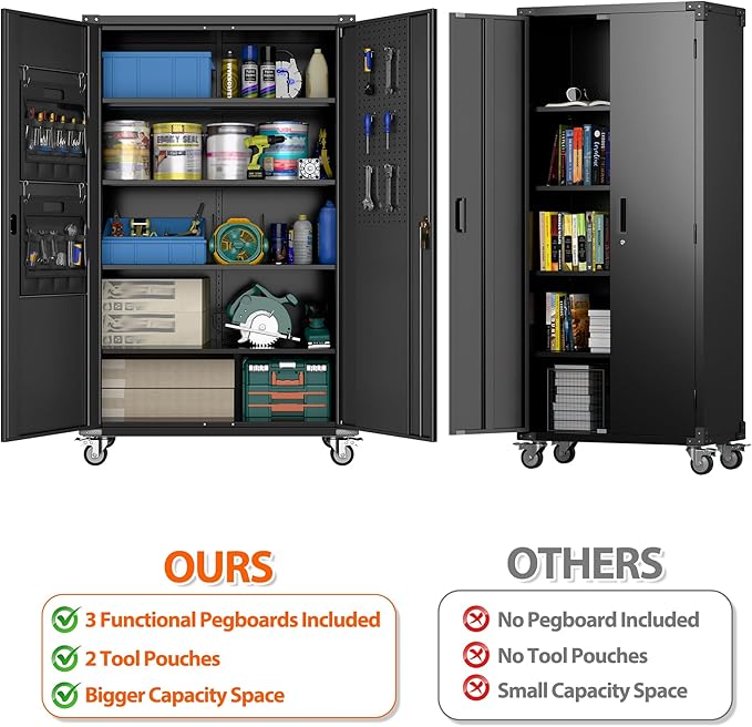 Aobabo Extra Large Cabinet with Wheels, Metal Storage Cabinet with Pegboards, 2 Handles Locking Doors and Adjustable Shelves, for Garage Office, Black, 43.3''W x 21.6''D x 72''H, Assembly Required