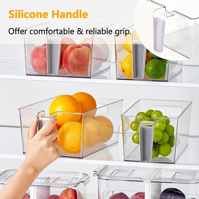 vacane 2 Pack Refrigerator Organizer Bins with Silicone Handle,Plastic Pantry Organization and Storage,BPA-Free Multi-Use Organizer Bins,Kitchen Containers for Fruit,Vegetable