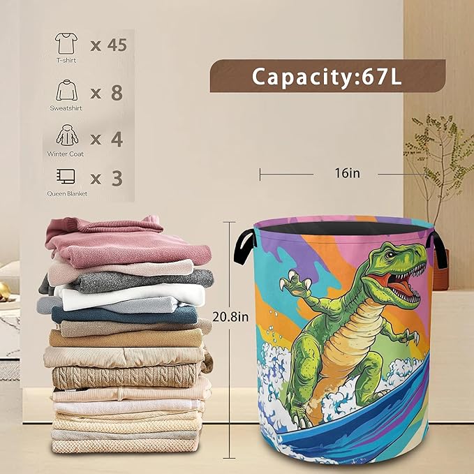 Laundry Basket,Dinosaur Surfing on Sea Collapsible Laundry Baskets,Waterproof Oxford Hamper with Handles for Bathroom Bedroom Nursery Home Storage 16"x20"