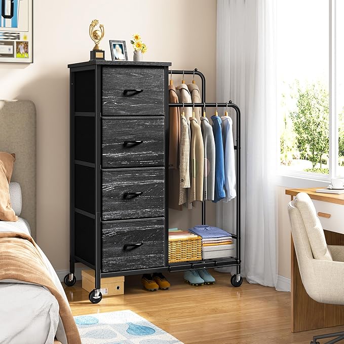 47.3" H Dresser with Hanging Rack, 4 Fabric Drawers with Double Clothes Rack & Wheels, Tall Closet Organizer Dresser for Bedroom, Entryway, Black, 15.8" D x 29.9" W x 47.3" H