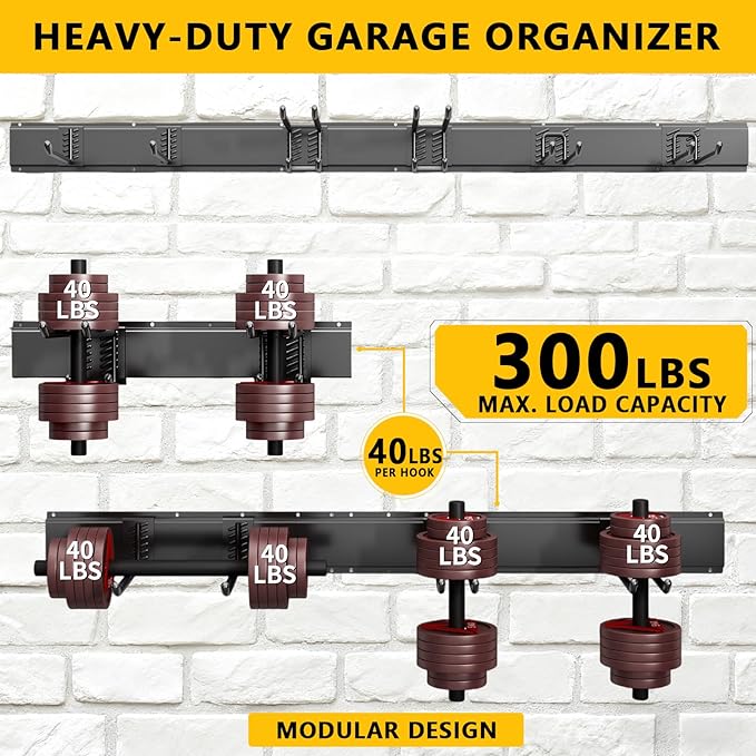 Tebgeag Garage Tool Organizer Wall Mount, 48inch Heavy-Duty Garage Storage System and Garden Tool Organizer with 9 Adjustable Hooks for Shovel, Snowboard, Yard Tools and Shed