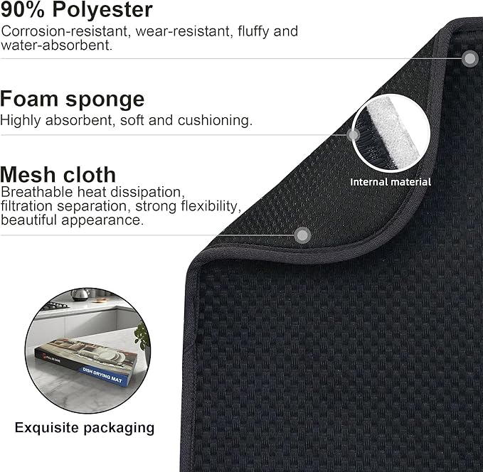 FULL BE DARE Black Dish Drying Mat XXL 17”x24” – Absorbent Kitchen Drying Mat for Kitchen Counter, Dish Rack Mat, Utensils, Pots & Pans – Dish Drying Pad, Drainer Mat, Dish Mats for Drying Dishes