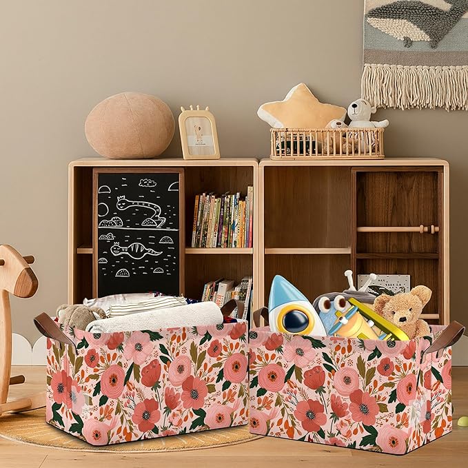 Retro Pink Flower Storage Basket with Handles,Leaves Collapsible Rectangle Organizer Bin for Room Decoration Books Box Baskets 17x11.5x10Inch