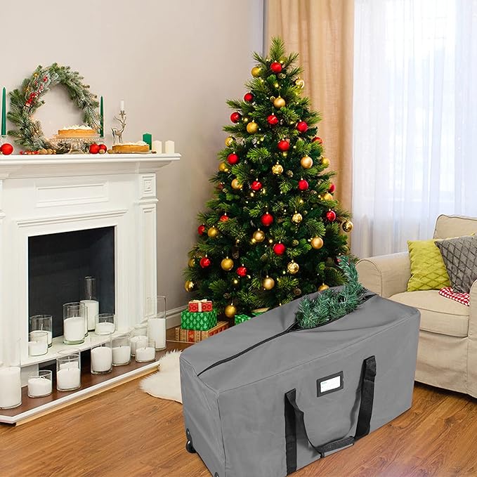 ProPik Rolling Christmas Tree Storage Bag, Fits Up to 7.5 Ft. Tall Disassembled Holiday Tree, 22" x 16" x 50", Large Heavy Duty Xmas Storage Container with 2 Wheels & Handles, 600D Oxford (Gray)