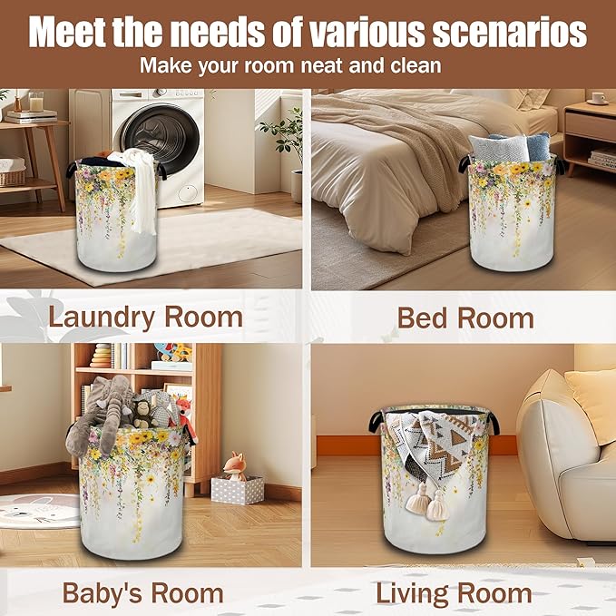 Colorful Flowers Laundry Basket,Watercolor Plants Laundry Hamper Waterproof Oxford Cloth Tote Collapsible,Clothes Storage Bucket Decorative Toy Organizer For Bathroom Bedroom 16" x 20.8"