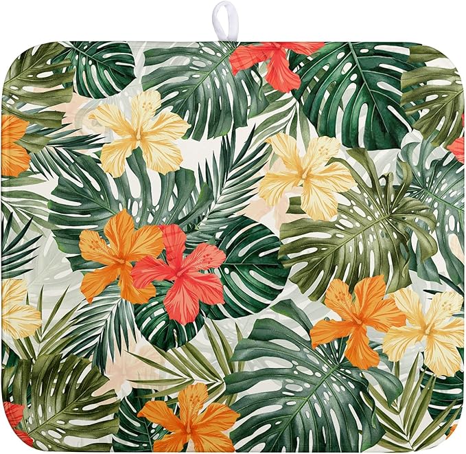 Wnoesat Tropical Leaves Flower Drying Mat for Kitchen Counter Summer Palm Leaf Drying Dish Mat Watercolor Herbs Dishes Pad Absorbent Fast Dry Kitchen Accessories 16x18 Inch