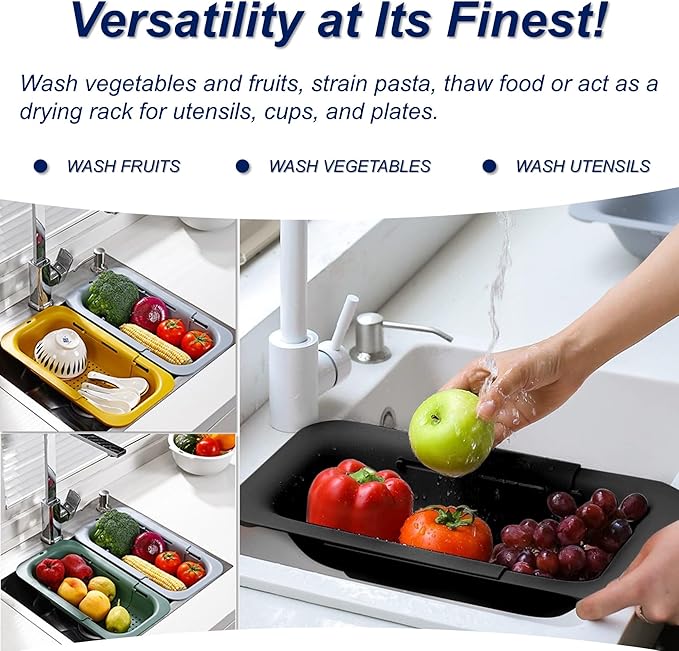 YUNKWONG Extendable Sink Colander Strainer Basket - Wash Vegetables and Fruits, Drain Cooked Pasta and Dry Dishes - Adjustable Over the Sink Colander Collapsible Drainer Basket - Black