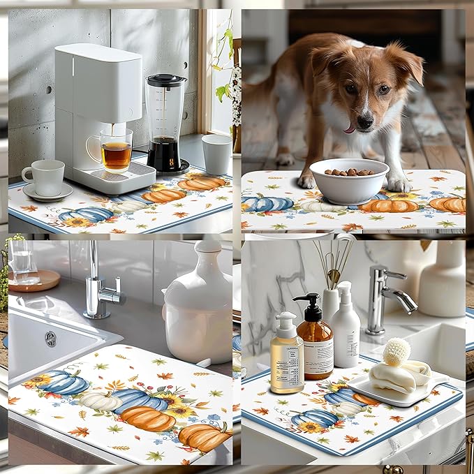 Fall Pumpkin Dish Drying Mat for Kitchen Counter 18×24 Inch Blue Dishes Pad Washable Thanksgiving Dish Rack Pad Drainer Mat Autumn Absorbent Reversible Microfiber Dish Drying Pad for Coffee Bar
