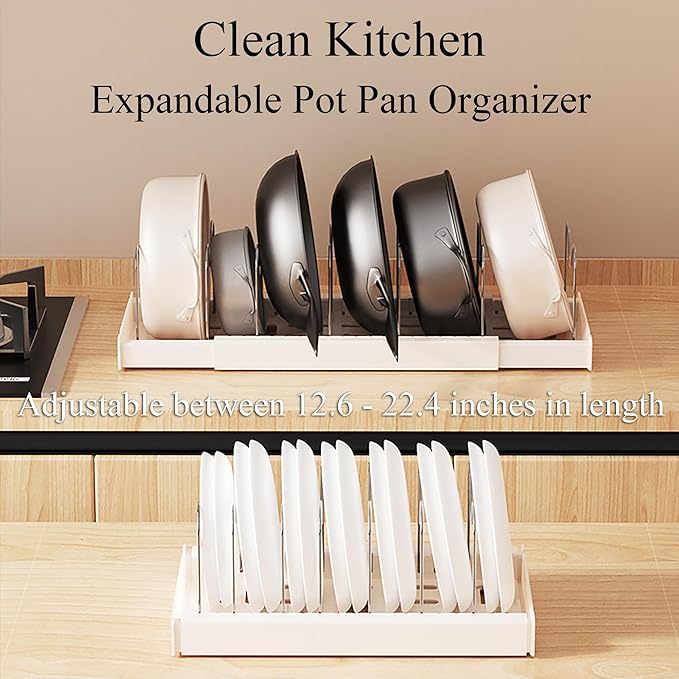 Pots and Pans Organizer Under Cabinet Expandable Pot Lid Holder with 7 Adjustable Dividers Pot Rack for Kitchen Storage Cutting Boards, Bakeware, Lid, White