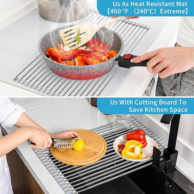 HAYAWEY Expandable Roll-UP Dish Drying Rack-Large 304 Stainless Steel Dish Drainer Over The Sink for Kitchen Countertop,Extendable & Rollable & Food Grade (Silver,22.08'x 13.2')