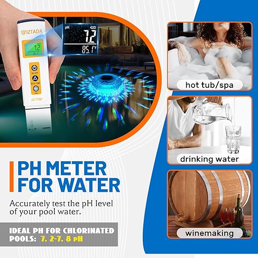 Solar Pool Chlorine Floater with Lights and Pool Water pH Testing Kit, Pool Lights Floater with Hot Tub pH Tester, Adjustable Chlorine Dispenser with Digital Thermometer for Swimming Pool Spas