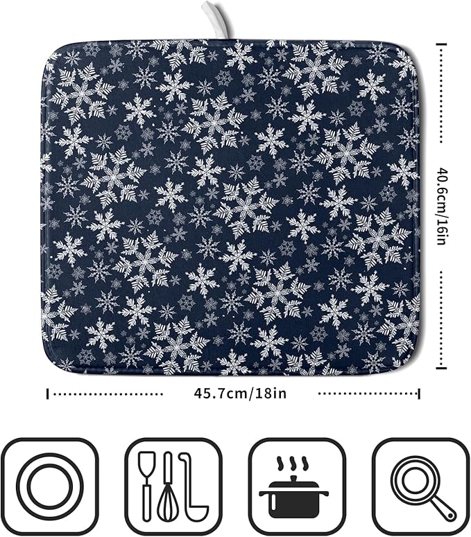 Christmas Dish Drying Mat for Kitchen Counter 18x16 Inch Xmas Snowflake Drying Mat with Absorbent Reversible Microfiber Blue Dish Drainer Mats Rack Pad for Coffee Countertop Protector