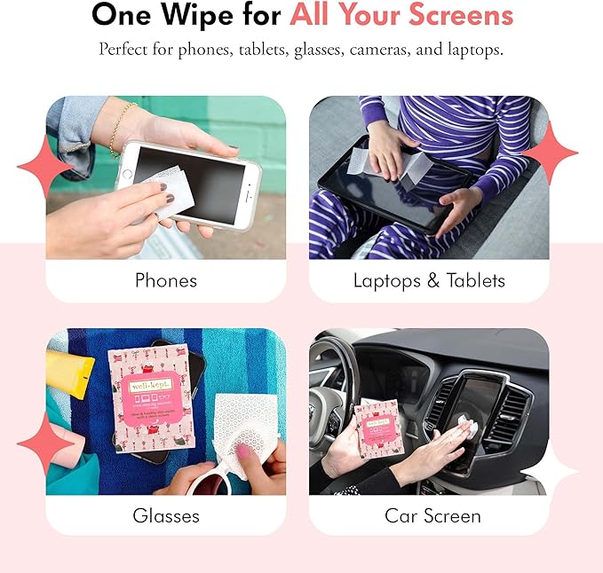 Well-Kept Tech & Lens Wipes - Eyeglass, Screen & Phone Cleaning, Multi-Surface, Lint-Free, Pre Moistened, Streak-Free & Non Scratching - Choupette, 12 Pack (180 Count)