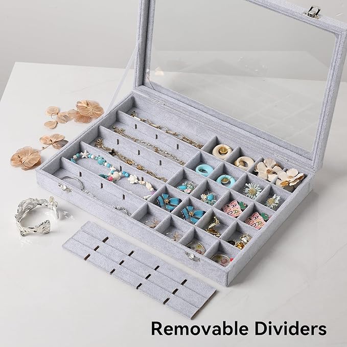 Frebeauty 40 Grid Jewelry Tray,Adjustable Earring Holder Organizer with Glass Lid,Velvet Drawer Jewelry Organizer for Rings,Studs,13.8 x 9.5 x 2 Inches Jewelry Display Box,Gift for Women(Grey)