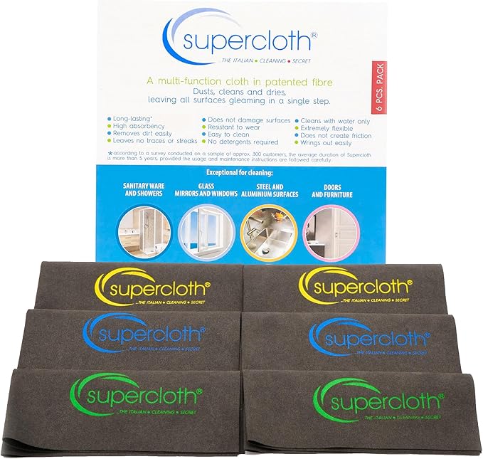 Supercloth® Premium Microfiber Cleaning Cloth for All-Purpose, Lasts Over 5 YEARS, Glasses Cleaning Cloth, Microfiber Cleaning Cloth for Cars, Magic Reusable Cloth Streak-Free 100% Made in Italy (6pk)