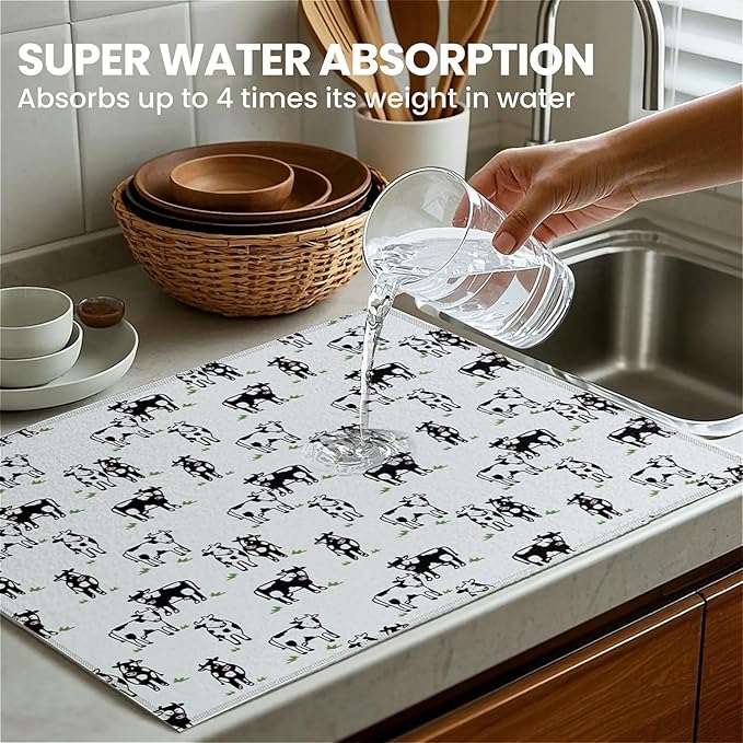 Dish Drying Mat For Kitchen Counter, Cute Cows Microfiber Absorbent Dish Drainer Rack Pad Reusable Large 18x24in Drying Mat