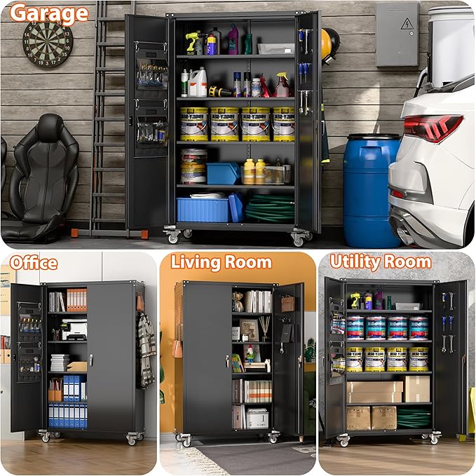 Aobabo Extra Large Cabinet with Wheels, Metal Storage Cabinet with Pegboards, 2 Handles Locking Doors and Adjustable Shelves, for Garage Office, Black, 43.3''W x 21.6''D x 72''H, Assembly Required