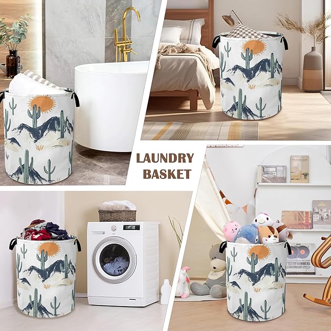Laundry Basket,Western Tropical Cactus Collapsible Laundry Baskets,Sun Waterproof Oxford Hamper with Handles for Bathroom Bedroom Nursery Home Storage 16"x20"