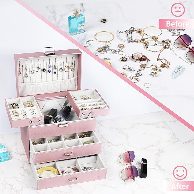 Dajasan Jewelry Boxes for Women Girls, Jewelry Storage Organizer, 4 Layers Large Jewelry Organizer Box with 2 Drawers for Friends, Wife or Mother Gift (Pink)