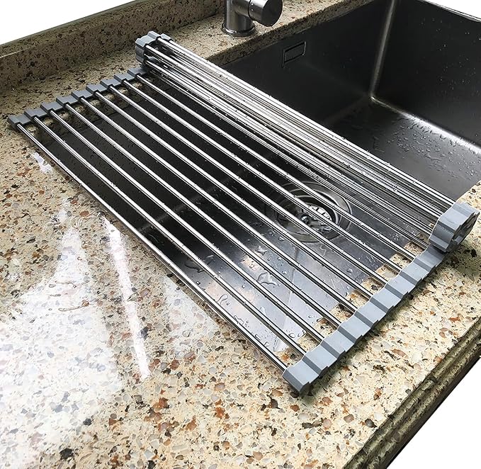 Tomorotec Roll Up Dish Drying Rack Over The Sink Grey Large Dish Drying Rack Rolling Foldable Collapsible SUS304 Stainless Steel Multipurpose Dish Drainer for Kitchen Counter (17.8”x15.7”)