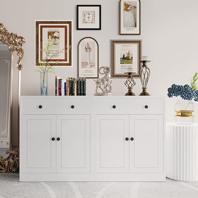 CJF Metal Pantry Cabinet, Coffee Bar Cabinet with Drawer & Adjustable Shelf, Sideboard Cabinets Kitchen Storage, Coffee Bar, Bathroom, Entryway, Home Office, Pantry-White