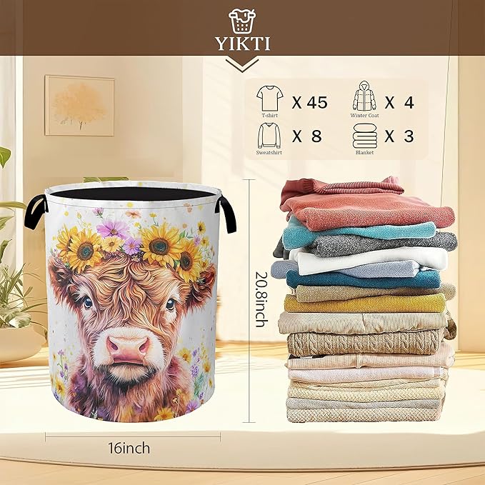Collapsible Laundry Basket,Cute Highland Cow Dirty Clothes Hamper,Watercolor Flowers Hampers for Bedroom Waterproof Oxford Cloth Storage Organizer for Bathroom,Nursery,Dorm,16x20 Inch