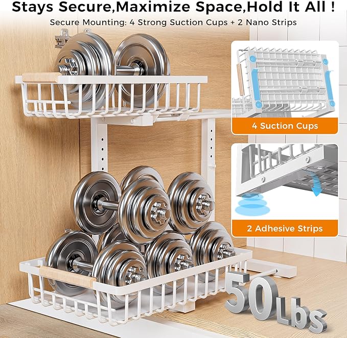 ENRUNEST Under Sink Organizer,2 Pack Under Kitchen Sink Organizer,2 Tier Sliding-Out,5 Level Height Adjustable,Thickened Carbon Steel,Anti-rust Treatment,For Kitchen Bathroom White