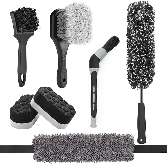 Fantasticlean 7PCS Car Wheel Brush Kit, Tire Brush, Soft-bristled Rim Brush, Chenille Rim Cleaning Tape, Microfiber Bendable Brush, Curved Detailing Brush with Elbow Connector, Detailing Pads