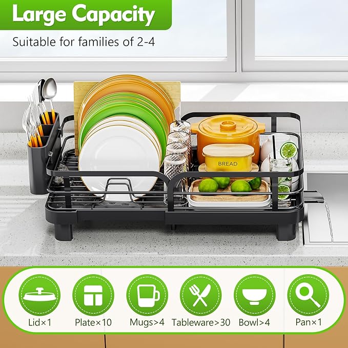 TOOLF Expandable Dish Rack, Dish Drying Rack for Kitchen Counter, Foldable Dish Dryer Rack, Stainless Steel Dish Drainer Racks with Cutlery Holder, Collapsible Dish Drying Racks Standard Size,Black