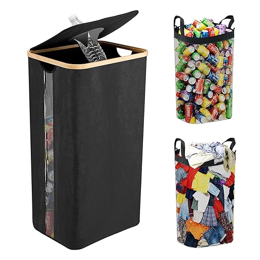 Recycle Trash Can Laundry Hamper with Lid, 100L Large Recycling Bins Laundry Basket Clothes Hamper, 26 Gallon Indoor Recycle Bin with 2 Reusable Inner Bag Bottle Cans Waste Plastice Glass