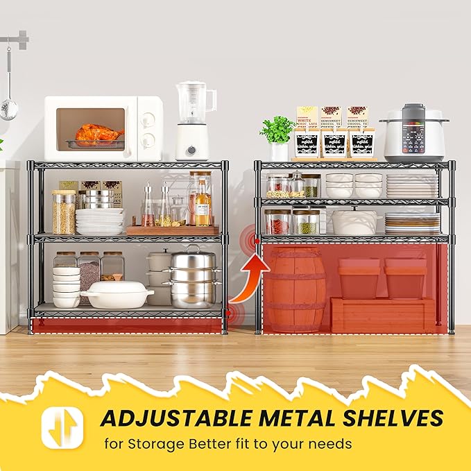 RackBro 3-Tier Storage Shelves 795LBS Metal Shelving Unit, Adjustable Wire Rack Small Shelf Organizer with 3 Shelf Liners for Kitchen Pantry Office Bedroom Closet Garage 24" W x 14" D x 30" H Black