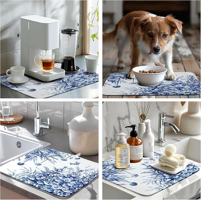 Wnoesat Christmas Tree Dish Drying Mat for Kitchen Counter 16x18 Inch Blue White Chinoiserie Winter Xmas Holiday Drying Mats Microfiber Absorbent Dish Draining Reusable Dish Drainer Pad