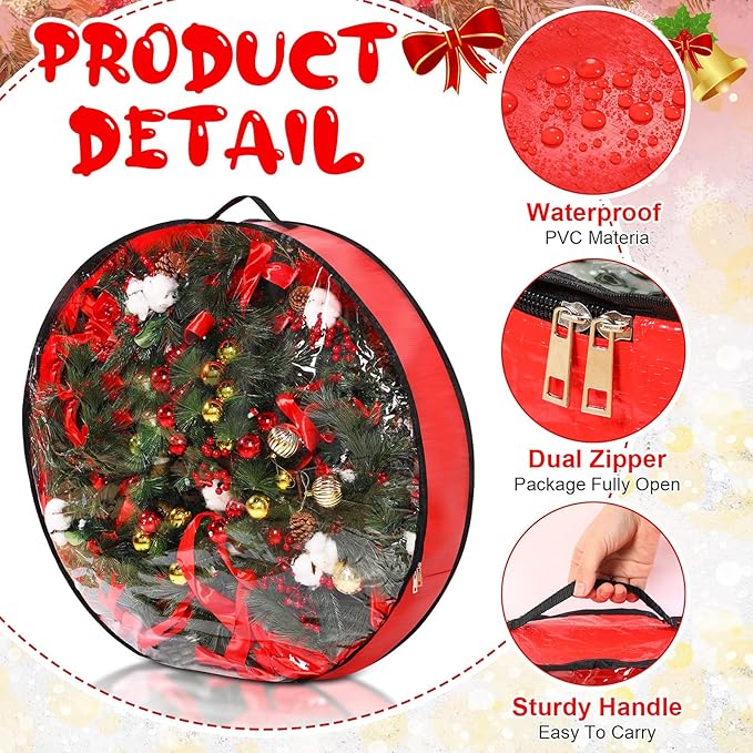 Aliceset 4 Pack Wreath Storage Containers, Christmas Ornament Garland Wreath Storage Bags with Handle Dual Zipper Large Decorative Storages Box for Winter Wreaths(36 x 36 x 7.8 Inch,Red)
