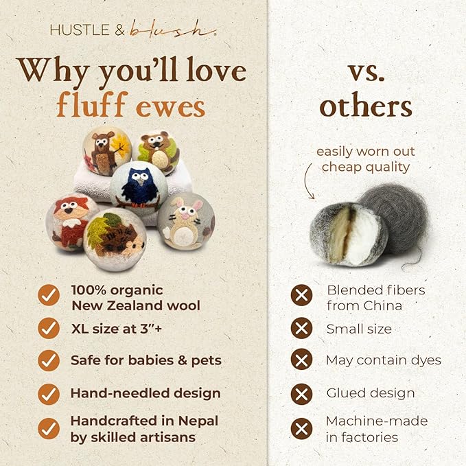 Hustle & Blush Fluff Ewes Wool Dryer Balls 6 Pack - Extra Large Hedgehog and Homies Premium Hand Needled New Zealand Laundry Set, Reduces Drying Time, Static Control, Chemical Free Reusable