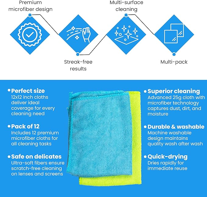 MIRACLEAN Microfiber Cleaning Cloth 12 Pack - 12 x 12 inches - Rags for Cleaning House Streak-Free Wipes for Screens, Dusting & Appliances - Premium Microfiber Cleaning Cloth