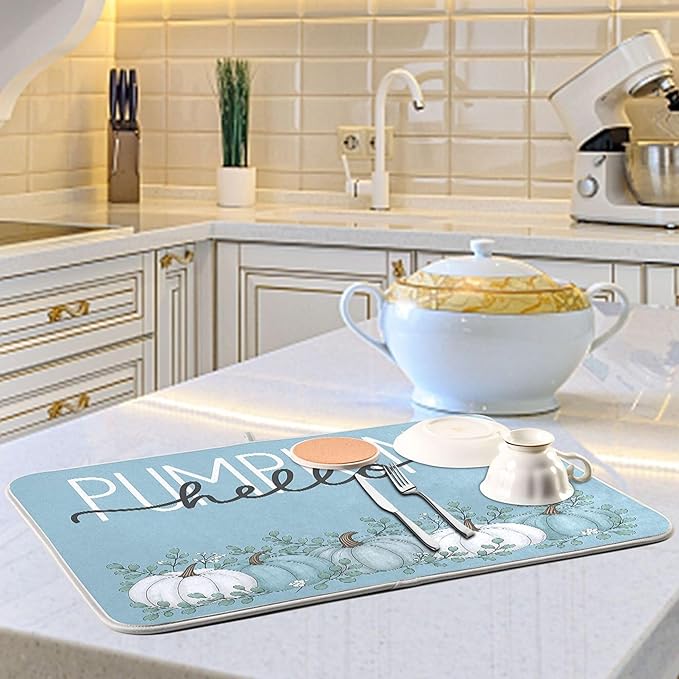 Fall Pumpkin Aqua Blue Dish Drying Mat for Kitchen Countertop 16x18 Eucalyptus Leaves Turquoise Autumn Small Drying Mat Reusable Quick Dry Dish Sink Mats Easy Clean Decorative Essentials