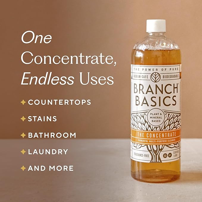 Branch Basics Cleaning Essentials Kit: All Purpose, Glass and Bathroom Cleaner - Concentrate (33.8 Oz) (24 Refills) + Refillable Glass Spray Bottles (16 Oz) Plant Based, Human-Safe, & Fragrance Free